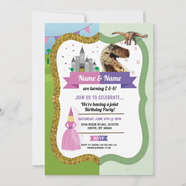 Princess & Dinosaur Boy Girl Birthday Dino Castle Inbjudningar (Framsida)