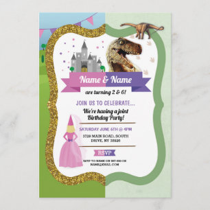 Princess & Dinosaur Boy Girl Birthday Dino Castle Inbjudningar