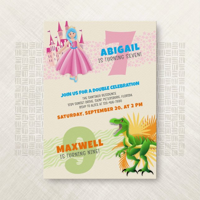 Princess Dinosaur Joint Dubbla Birthday Call Inbjudningar (Skapare uppladdad)