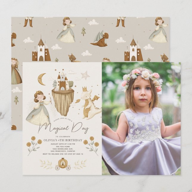 Princess & Dragon Boho Fairytale Birthday Photo Inbjudningar (Fram/baksida)