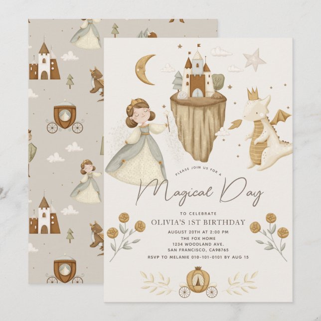 Princess & Dragon Boho Fairytale Girl 1st Birthday Inbjudningar (Fram/baksida)
