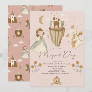 Princess & Dragon Boho Fairytale Rosa 1:a födelsed Inbjudningar