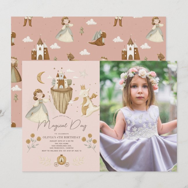 Princess Dragon Boho Fairytale Rosa Birthday Photo Inbjudningar (Fram/baksida)