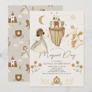 Princess Dragon Fairytale Mörk Skin 1:a födelsedag Inbjudningar