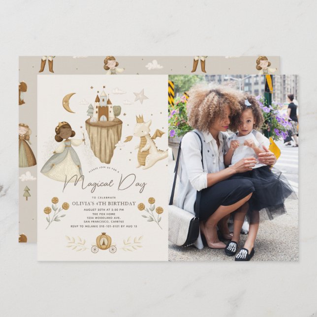 Princess Dragon Fairytale Mörk Skin Birthday Photo Inbjudningar (Fram/baksida)