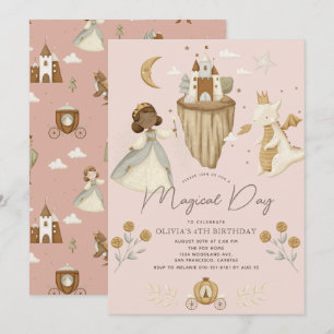 Princess Dragon Fairytale Mörk Skin Rosa Birthday Inbjudningar