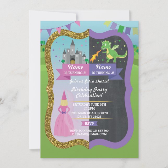 Princess & Dragon Joint Boy Girl Birthday Inbjudan (Framsida)
