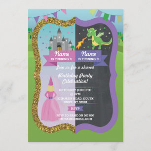 Princess & Dragon Joint Boy Girl Birthday Inbjudan