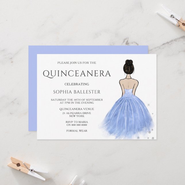Princess Dress Blue Wonderland Quinceanera Party Inbjudningar (Fram/Back In Situ)