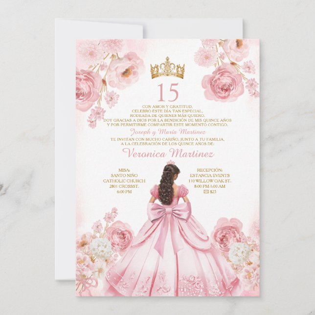 Princess Dress Gold Crown Floral XV Birthday Inbjudningar (Framsida)