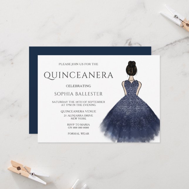 Princess Dress Nany Indigo Wonderland Quinceanera Inbjudningar (Fram/Back In Situ)