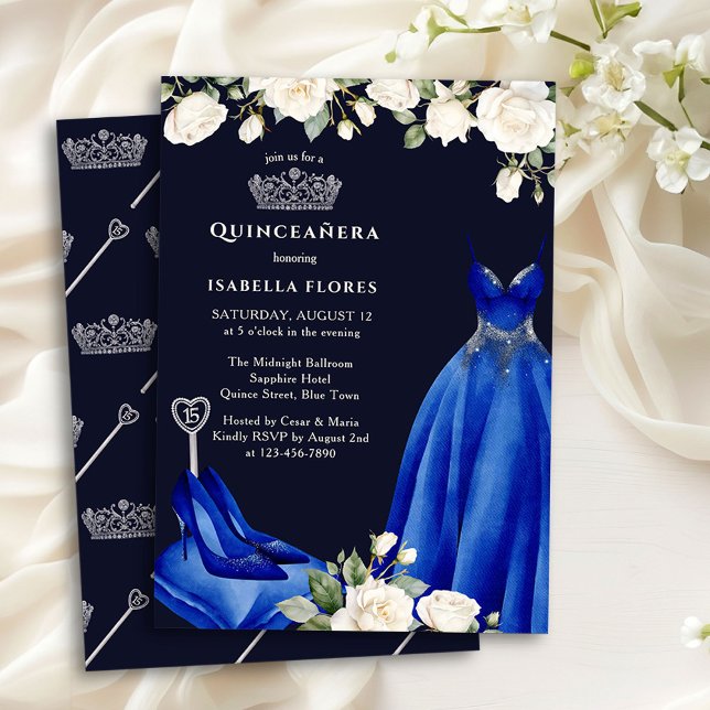 Princess Dress och Ro Blue Quinceanera Inbjudningar (Quinceanera Invitation from the Princess Dress and Roses Quinceanera collection by Darling & May)