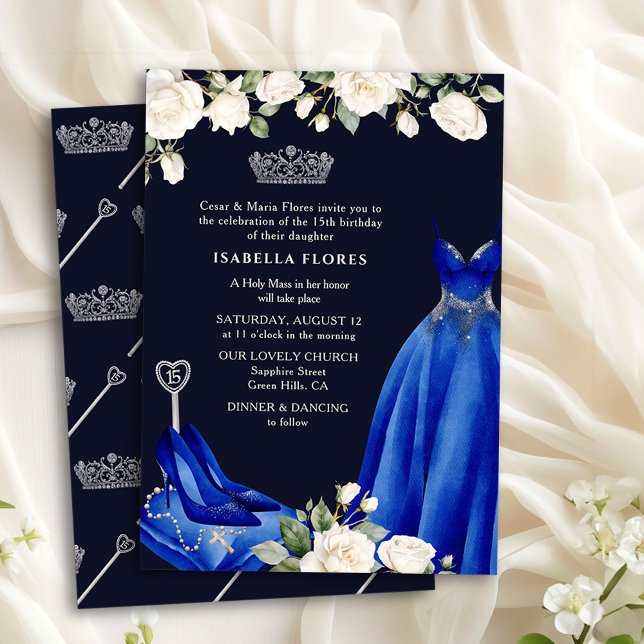 Princess Dress och Ro Blue Quinceanera Mass Inbjudningar (Quinceanera + Mass Invite from the Princess Dress and Roses Quinceanera collection by Darling & May)