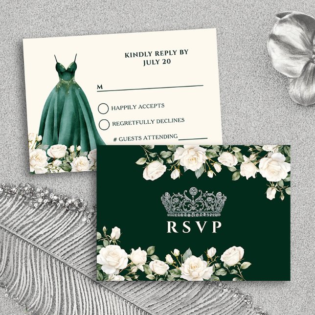 Princess Dress och Ro Emerald Grönt Quinceanera OSA Kort (RSVP Card from the Princess Dress and Roses Quinceanera Collection by Darling & May)