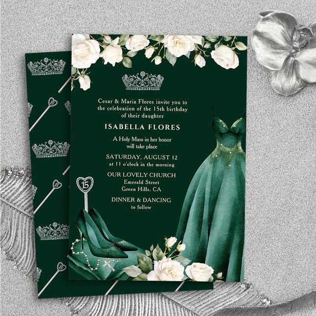 Princess Dress och Ro Grönt Quinceanera Mass Inbjudningar (Quinceanera Mass Invitation from Princess Dress and Roses Quinceanera Collection by Darling & May)