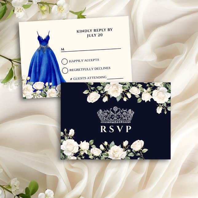 Princess Dress och Ro Royal Blue Quinceanera OSA Kort (RSVP card from the Princess Dress and Roses Quinceanera collection by Darling & May)