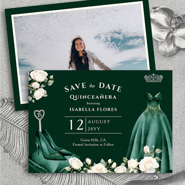 Princess Dress och Vit ros Emerald Grönt Photo Spara Datumet (Quinceanera Save the Date from Princess Dress and Roses Quinceanera Collection by Darling & May)