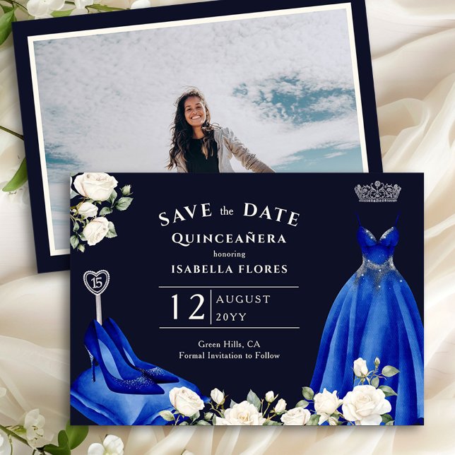 Princess Dress och Vit ros Royal Blue Photo Spara Datumet (Photo Save the Date from the Princess Dress and Roses Quinceanera collection by Darling & May)