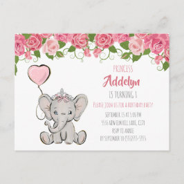 Princess Elephant Child's 1st Birthday Rosa Blommi Inbjudan Vykort
