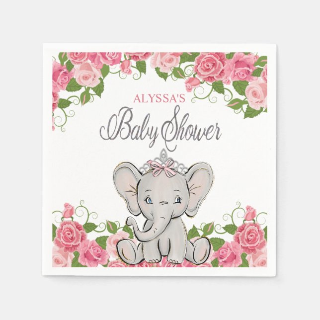 Princess Elephant Tiara Rosa Blommigt Baby Shower Pappersservett (Framsidan)