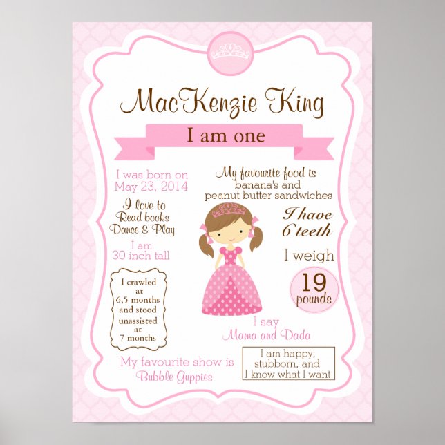 Princess - ett års tecken för din födelsedag poster (Framsidan)