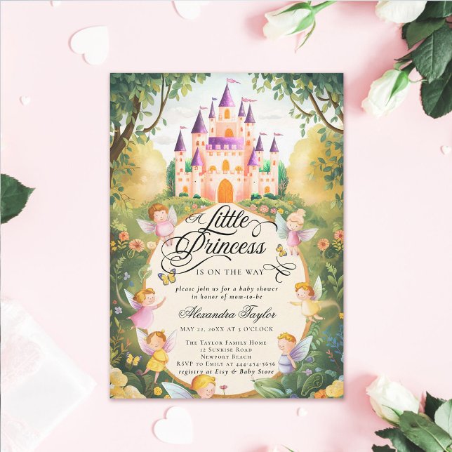 Princess Fairytale Castle Älvor Flicka Shower Inbjudningar (princess baby shower invitation pink fairytale enchanted forest fairy godmothers magical castle)