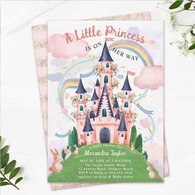 Princess Fairytale Castle Bunny Flicka Shower Inbjudningar (princess baby shower invitation pink fairytale enchanted garden bunny rabits magical castle cute)