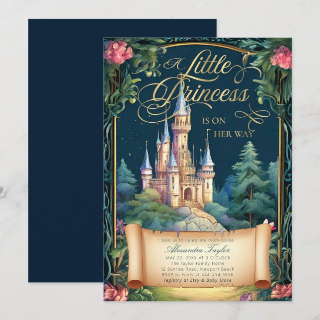 Princess Fairytale Castle Deco Flicka Shower Inbjudningar (Fram/baksida)