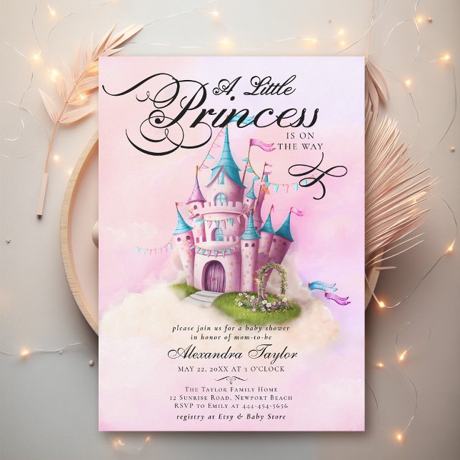 Princess Fairytale Castle Rosa Flicka Shower Inbjudningar (princess baby shower invitation pink fairytale enchanted magical castle watercolor cute modern)