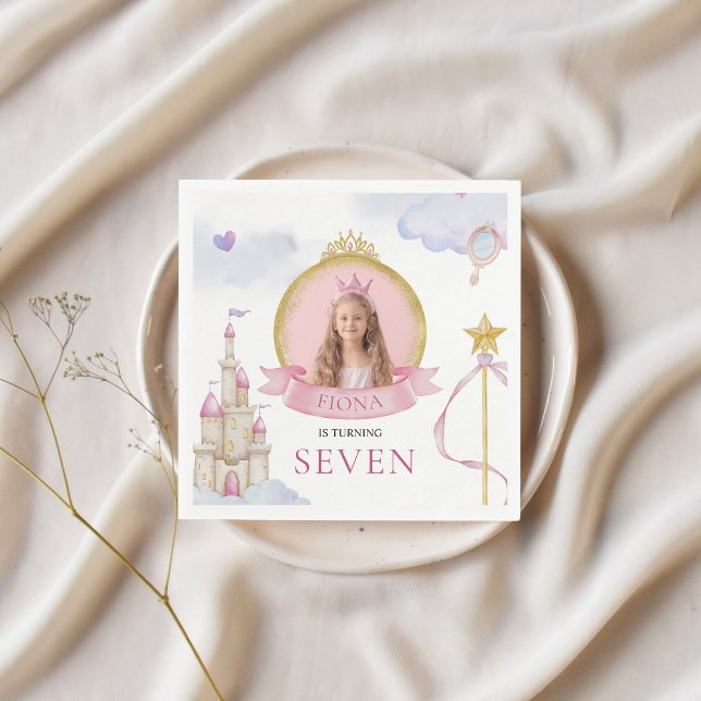 Princess Fairytale Cute Rosa Girl Girl Girl Birthd Pappersservett (Custom Girl's Birthday Napkins Princess Fairytale Themed with Photo Whimsical Cute Modern Gold)