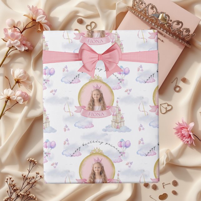Princess Fairytale Cute Rosa Girl Girl Girl Birthd Presentpapper (Happy Birthday Princess Custom Personalized Wrapping Paper with Photo)