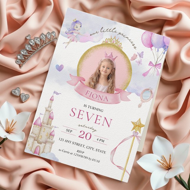 Princess Fairytale Rosa Guld Girl Girl's Photo Bir Inbjudningar (Little Princess Birthday Invitation with Photo, Gold Pink Glitter, Fairytale Whimsical Aesthetic)