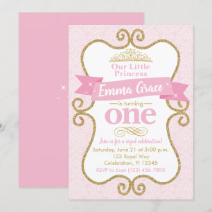 Princess First Birthday Rosa och Guld Party Inbjudningar