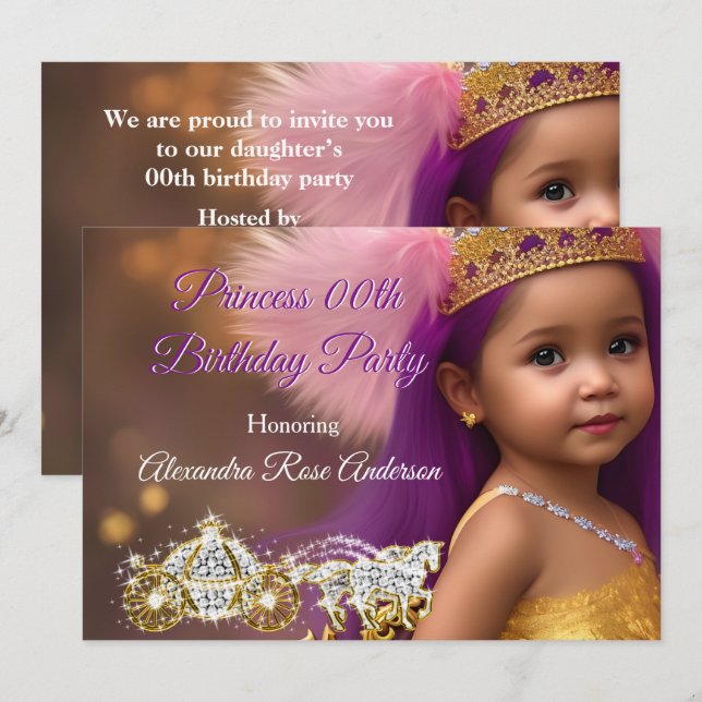 Princess Flick kalas Carriage lila rosa Inbjudningar (Fram/baksida)