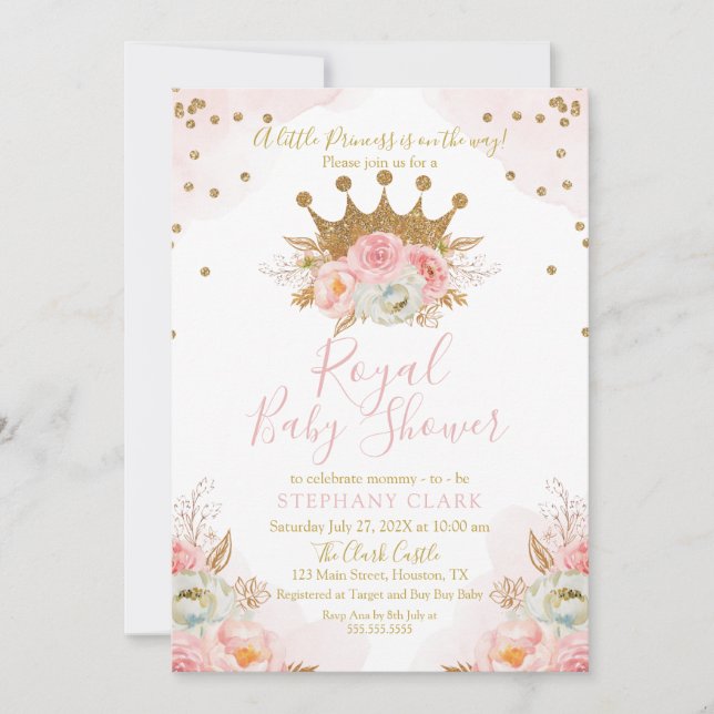 Princess Floral Pink & Gold Baby Shower Invitation Inbjudningar (Framsida)