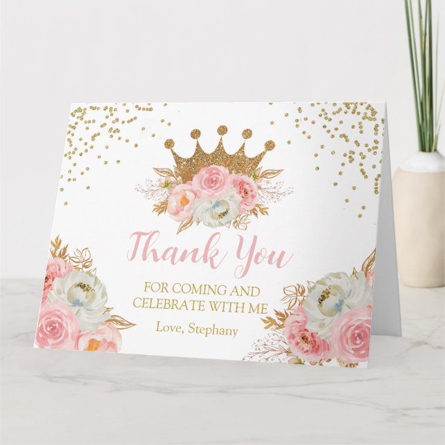Princess Floral Pink & Gold  Thank you card Tack Kort (Framsida)