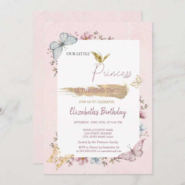 Princess Flowers Butterflies Rosa Birthday Inbjudningar (Fram/baksida)