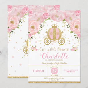 Princess Födelsedagsfest Carriage Rosa Blommigt Inbjudningar
