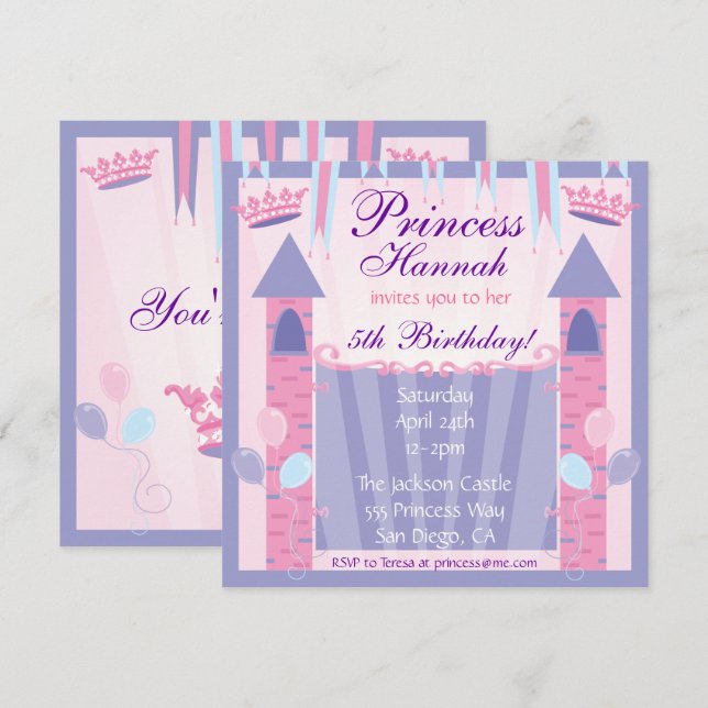 Princess Födelsedagsfest inbjudan Castle (Fram/baksida)