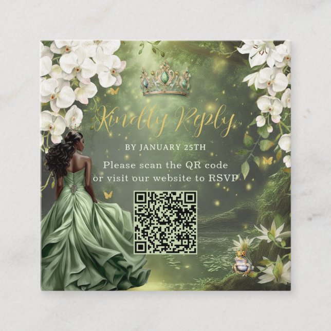 Princess & Frog Green Dress Sweet 16 Quince XV QR Tilläggskort (Framsida)