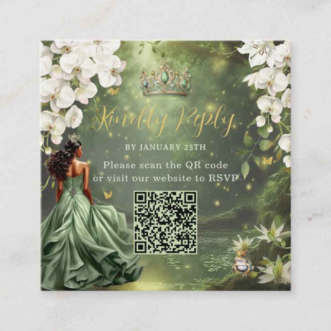 Princess & Frog Green Dress Sweet 16 Quince XV QR Tilläggskort (Framsida)