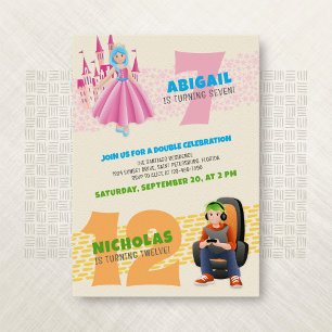 Princess Gamer Joint Dubbla Birthday-inbjudan Inbjudningar