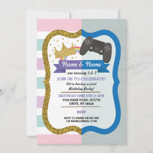 Princess & Gaming Joint Boy Girl Birthday Inbjudan