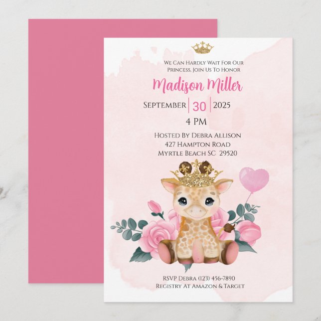 Princess Giraffe Rosa Blommigt Baby Shower-inbjuda Inbjudningar (Fram/baksida)