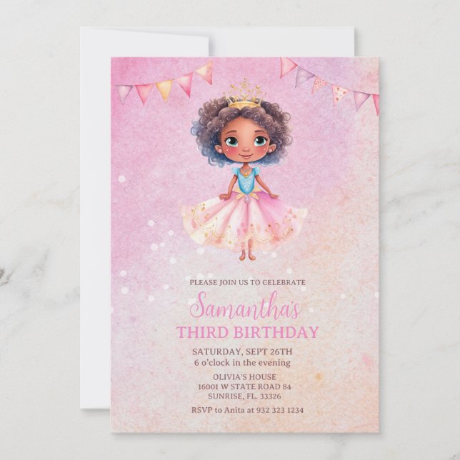 Princess Girl African American Glitter Birthday Inbjudningar (Framsida)