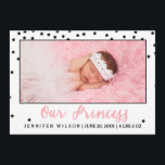 Princess Girl Baby Birth Announcement Photo Card Meddelande<br><div class="desc">Rosa och svart modernt Baby födelsekort för födelseanmälan | Black Confetti Stars och Rosa Script. Elke Clarke Design ©. Mer stilar finns i vår butik. Elegant och mångsidig design som du kan anpassa för ett födelsemeddelande för prinsessan flicka. Svarta stjärnor konetti mönster på baksidan.</div>