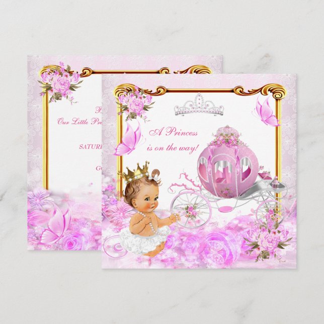 Princess Girl Baby Shower Rosa Guld Carriage Tiara Inbjudningar (Fram/baksida)