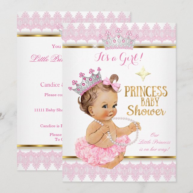 Princess Girl Baby Shower Rosa Guld Tutu Brunette Inbjudningar (Fram/baksida)