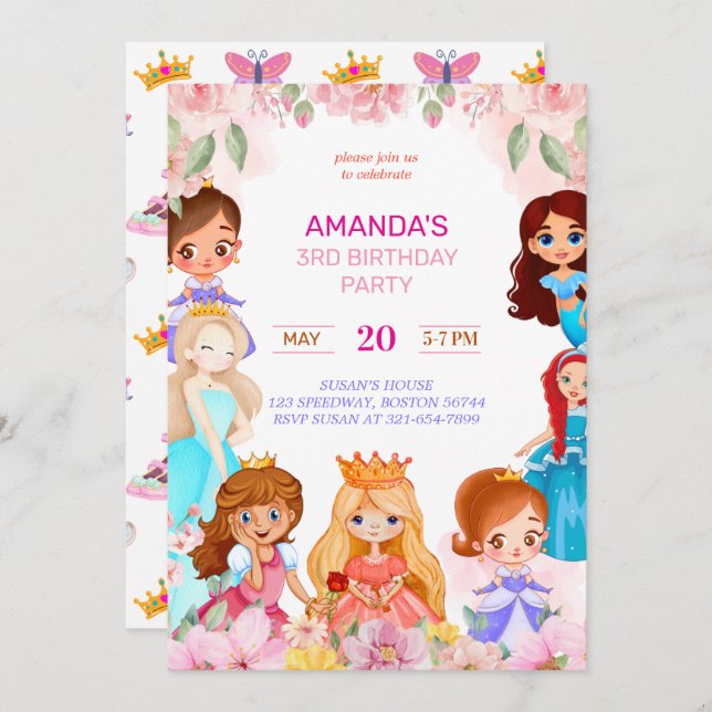 Princess Girl Födelsedagsfest 3:e Årets inbjudan (Fram/baksida)