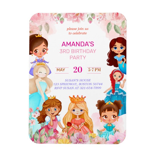 Princess Girl Födelsedagsfest 3:e Årets inbjudan Magnet (Vertikal)